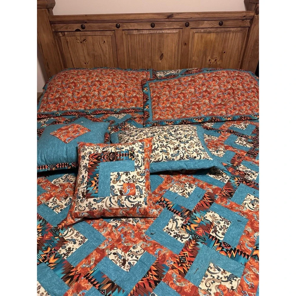 Handmade King Size Quit Southwest Style With Kokopelli, Pillows And Shams